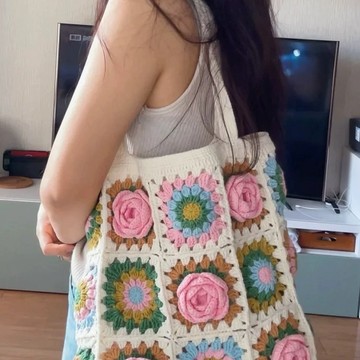 限時特賣中🎈山茶花祖母單肩包包diy材料手工編織毛綫閨蜜立體女友方格禮物 手工毛綫包包 diy編織手提包 手工材料包送敎