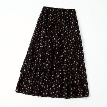 田園風小碎花 松緊高腰顯瘦荷葉邊拼接雪紡半身裙中長裙1入
