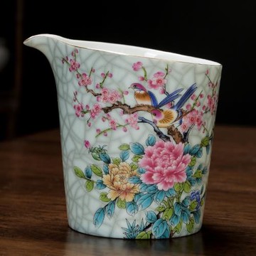 鳥語花香手抓公道杯陶瓷滿花功夫茶具茶海茶水勻杯家用茶海公平杯