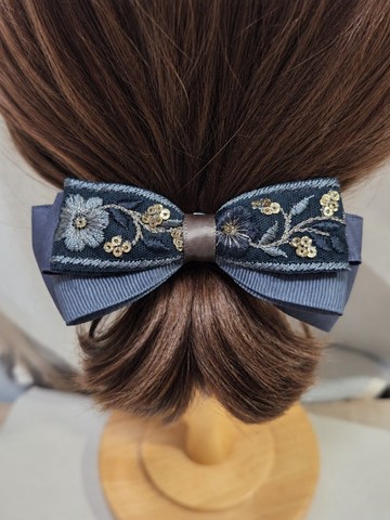 曜灰花影・刺繡緞帶蝴蝶結髮飾