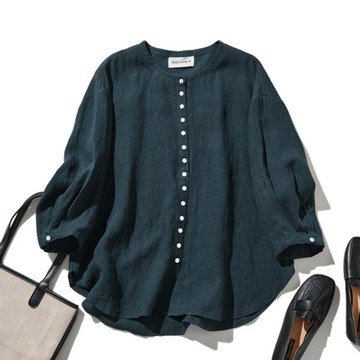簡約百搭亞麻開衫 無領設計 簡約風格 百搭單品 深藍色 230506-6