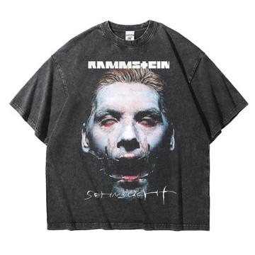 德國戰車Rammstein樂隊周邊T恤阿美咔嘰重磅落肩復古做舊水洗半袖