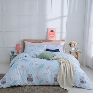 Ishur 伊舒爾 雲絲棉涼被床包4件組  涼被 + 床包 + 枕套 2個  雙人  熊與兔 藍色