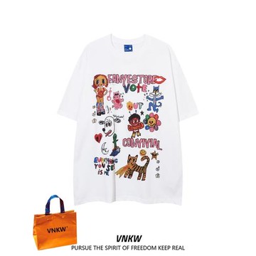 重磅純棉潮牌趣味卡通印花短袖T恤男女夏季寬松情侶百搭休閑半袖