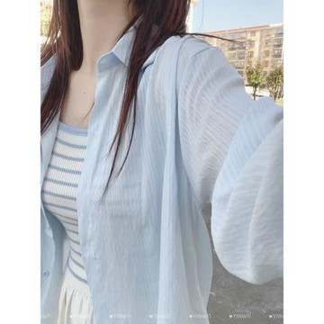 藍色冰絲防曬襯衫女雪紡衫長袖2026新款夏季輕薄小個子開衫薄外套