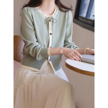 氣質優雅溫柔風撞色針織開衫女2025春裝新款通勤百搭圓領套頭毛衣