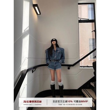韓好甜WARDEN EDGE 藍色牛仔連體褲女秋復古顯瘦闊腿高腰連身短褲
