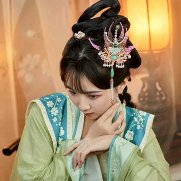 清月鹿鳴原創設計瑪瑙翡翠手工偏鳳古風漢服頭飾發釵流蘇步搖發簪