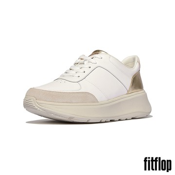 【FitFlop】F-MODE 皮革/麂皮/金屬厚底休閒鞋-女(都會白/金色)