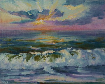 畫布上的海景油畫 - 原創藝術 - 海上日落油畫