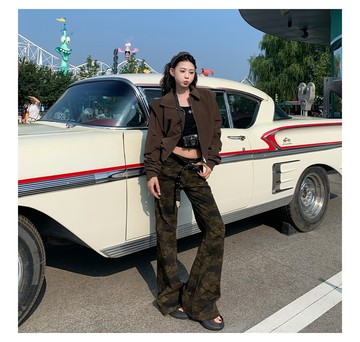 9th street 美拉德風格 甜酷辣妹 墊肩短版皮夾克外套 棕色 (預購)