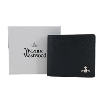 [平輸版]Vivienne Westwood 經典素面荔枝皮革男短夾(黑/銀) 真品平輸