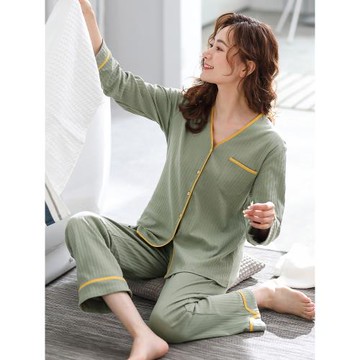 睡衣女士春秋季春秋款純棉長袖家居服V領開衫春夏季薄款套裝