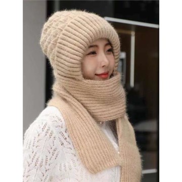 秋冬加絨加厚風雪帽女松鼠絨毛線圍巾帽子一體圍脖防寒風護耳保暖