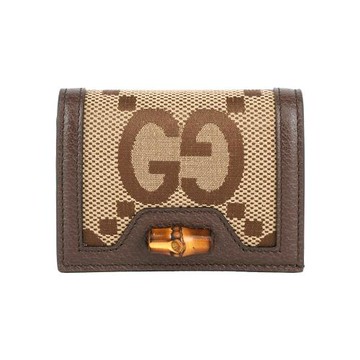 GUCCI Diana 竹節系列緹花布及皮革卡片小短夾(棕色)