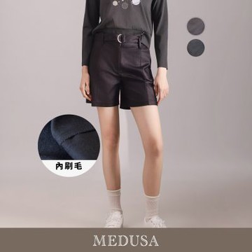 現貨【MEDUSA 曼度莎】刷毛俐落修身皮感短褲 - 2色（M-XL）｜女皮短褲 刷毛短褲 秋冬下身