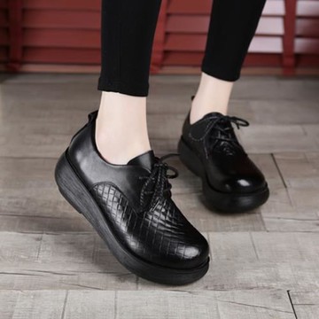 1901厚底單鞋軟底松糕鞋春新款復古媽媽鞋真皮民族風女鞋系帶皮鞋