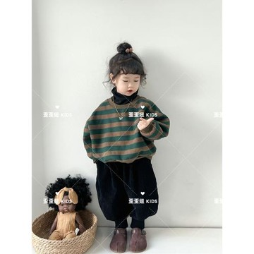 【4折清倉】兒童中性復古森系抓絨條紋圓領長袖衛衣韓版男女童