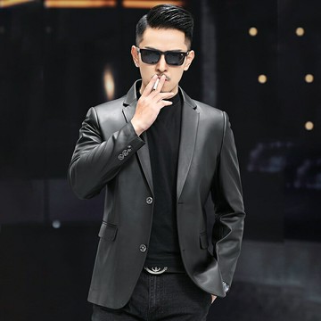 現貨+預購 真皮皮衣外套-綿羊皮西裝領時尚商務男外套黑色74ja13【獨家進口】【米蘭精品】