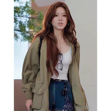 許我耀眼趙露思同款綠色工裝沖鋒衣外套女秋寬松短款風衣夾克上衣