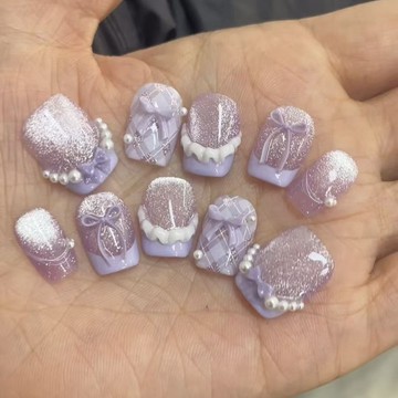 推薦好甲 法式纯手工猫眼手工蝴蝶结纯手工穿戴美甲显白高级紫色新款氛围感