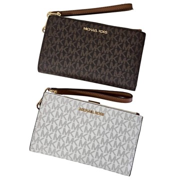 MICHAEL KORS 滿版老花金字皮革雙拉鍊掛帶中夾