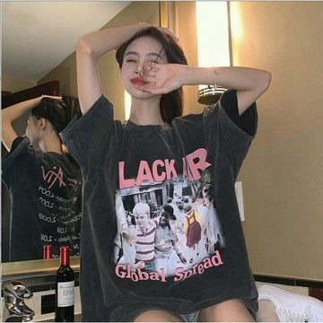 【飯團原創】短袖t恤女 水洗黑 做舊 寬鬆  美式復古上衣 oversize t恤 ins 風 歐美上衣 女生上衣 純棉