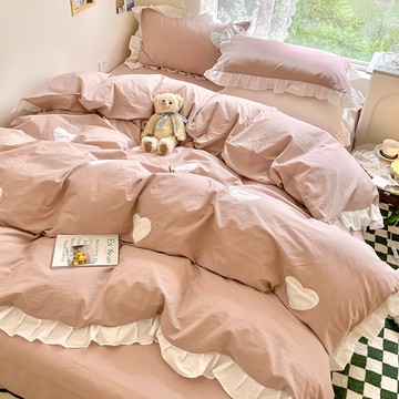 公主風ins荷葉邊水洗棉床上四件套100全棉純棉粉色被套床單三件套