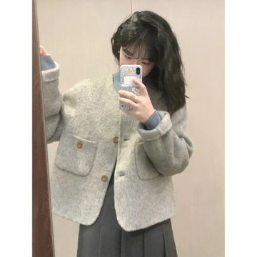 法式灰色小香風毛呢外套女秋冬季高級感小個子赫本風短款呢子上衣