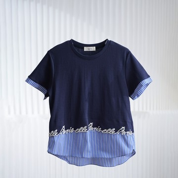 拼接條紋下擺字母刺繡短袖上衣407828