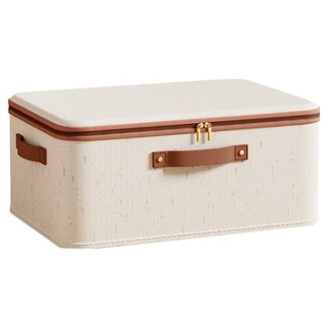 小麥購物 天山棉麻拉鏈帶蓋收納箱 L1468 15L  米白色  1個  38 x 26 x 16cm