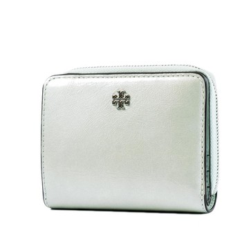 TORY BURCH 銀字LOGO皺褶皮革釦式對開短夾-薄荷綠