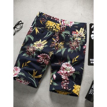 純棉五分褲男士夏季碎花修身韓版印花休閑短褲潮男夏天沙灘中褲子
