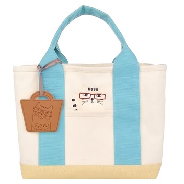 kUSUgURU JAPAN 日本眼鏡貓 kUSUgURU JAPAN 日本眼鏡貓 NEKOZAWA貓澤系列 分層收納設計手提托特包 附皮質造型掛飾  21 x 23.5 x 16cm  藍色