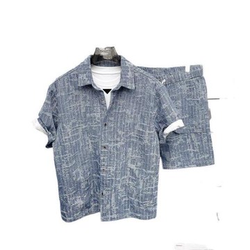 2025  男夏季滿版提花牛仔短袖襯衫套裝短褲寬松短袖牛仔套裝