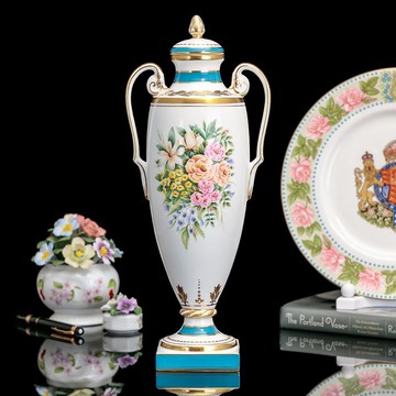 博物館級限量英國製Minton女王1995手繪玫瑰花簇嵌金骨瓷藝術寶瓶