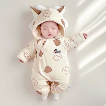 嬰兒冬款連帽哈衣寶寶加絨加厚棉服卡通連體衣外出服可愛爬服秋冬