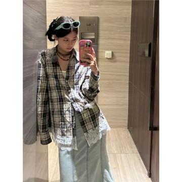 花兒與少年趙昭儀同款復古格子襯衫設計感小眾蕾絲拼接別致襯衣女