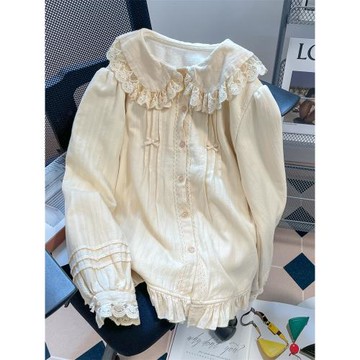 法式復古蕾絲花邊娃娃領長袖襯衫男女春設計感小眾別致小個子上衣