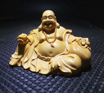 招財納福小葉黃楊木雕彌勒佛汽車擺件 精雕佛像紅木擺件工藝品1入