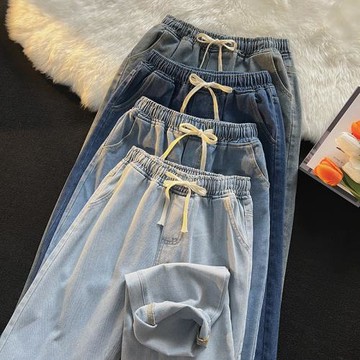 系繩直筒牛仔褲春秋季ins港風男生褲子潮牌休閑百搭寬松闊腿長褲