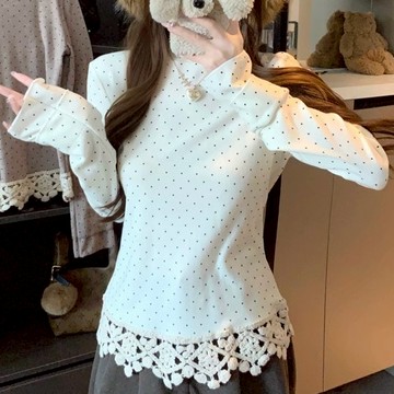 秋冬波點鏤空花邊中高領長袖T恤