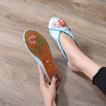 高美雅包頭中式平底軟底防滑漢服淺藍花卉高端緞面繡花拖鞋