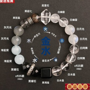 免運🙏🏻🙏🏻紫南宮過爐 開光🔥八月初更新-五行缺喜補金水款手鏈白水晶海藍寶天然隨形能量石s925銀祥紋手串 C