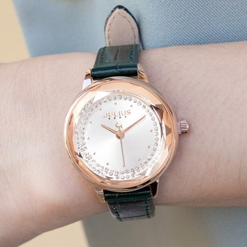 正韓JULIUS光輝之夜炫光點鑽花切玻璃竹節文真皮手錶【WJA1355】-白面綠帶