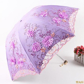 遮陽傘 太陽傘 防曬雨傘 爆款便捷式折迭傘韓版太陽傘女蕾絲刺繡遮陽黑膠公主晴雨兩用折迭雨傘 三木優選