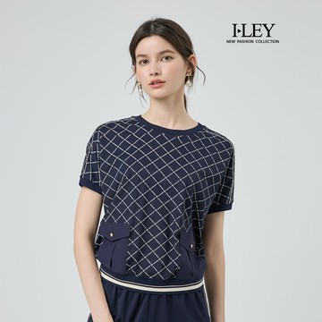 ILEY伊蕾 撞色菱格紋縲縈連袖上衣(深藍；M-2L)
