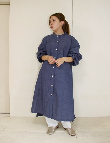 棉麻麻領襯衫裙（藍）