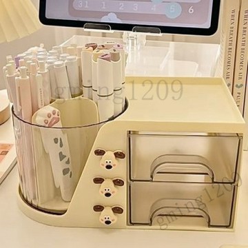【大容量多功能】新款三合一旋轉筆筒收納盒 學生用一體式帶抽屜筆桶 文具收納盒 旋轉筆筒 壓克力收納盒抽屜 桌上文具整理收