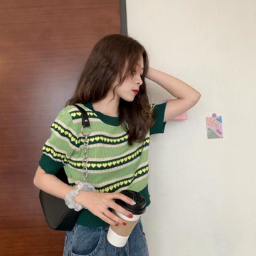 牛油果t恤ins小眾針織上衣綠短袖